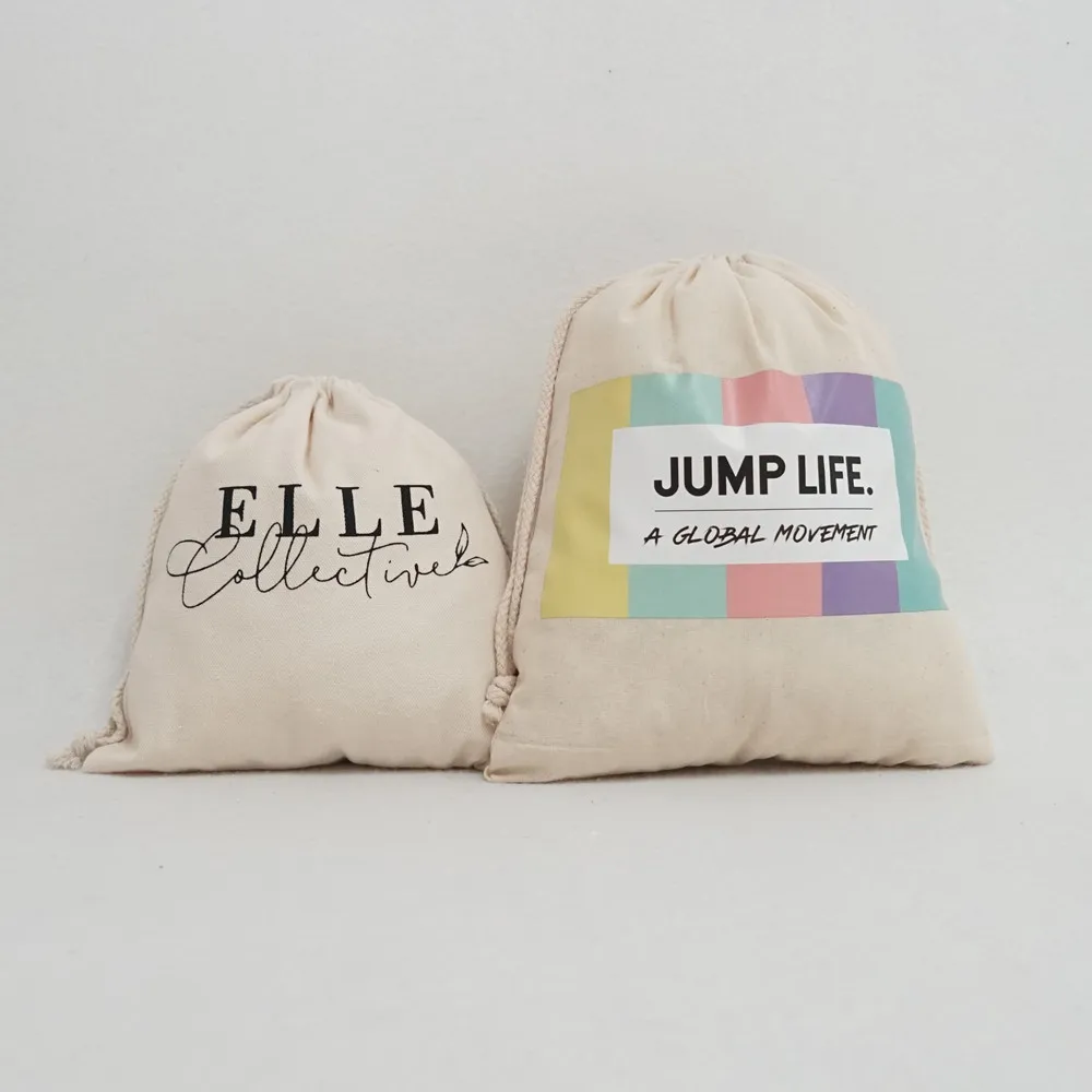 
Recyclable Calico cotton drawstring gift pouch with custom logo/design, small natural color tote bag with strings jewelry bag 