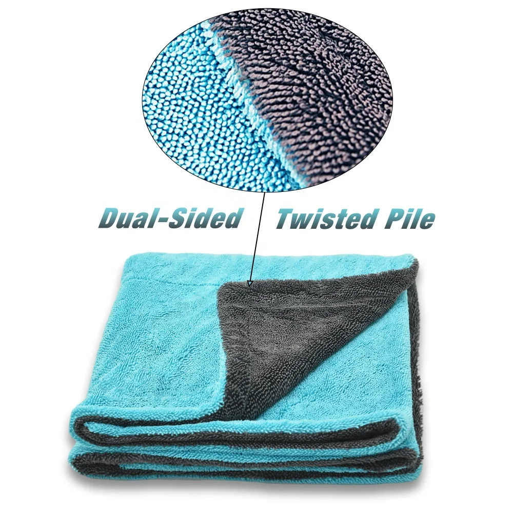 Microfiber Twisted Loop Large Drying Towel Double Twist Pile Loop Car Detailing&Drying Towel(Light Blue&Grey)