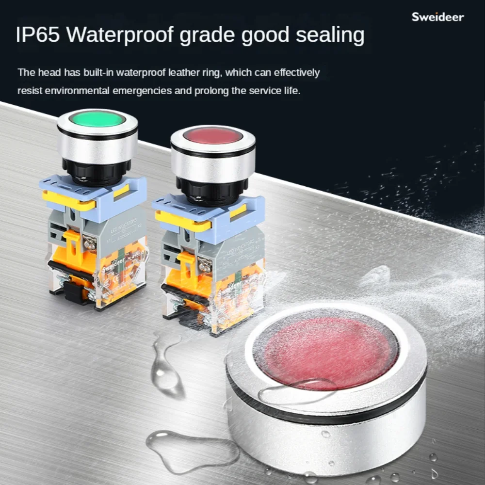 10a Flat Waterproof momentary Self Reset Locking 30mm 380V Push button switches  with light industrial 1NO1NC  2NO 2NO2NC