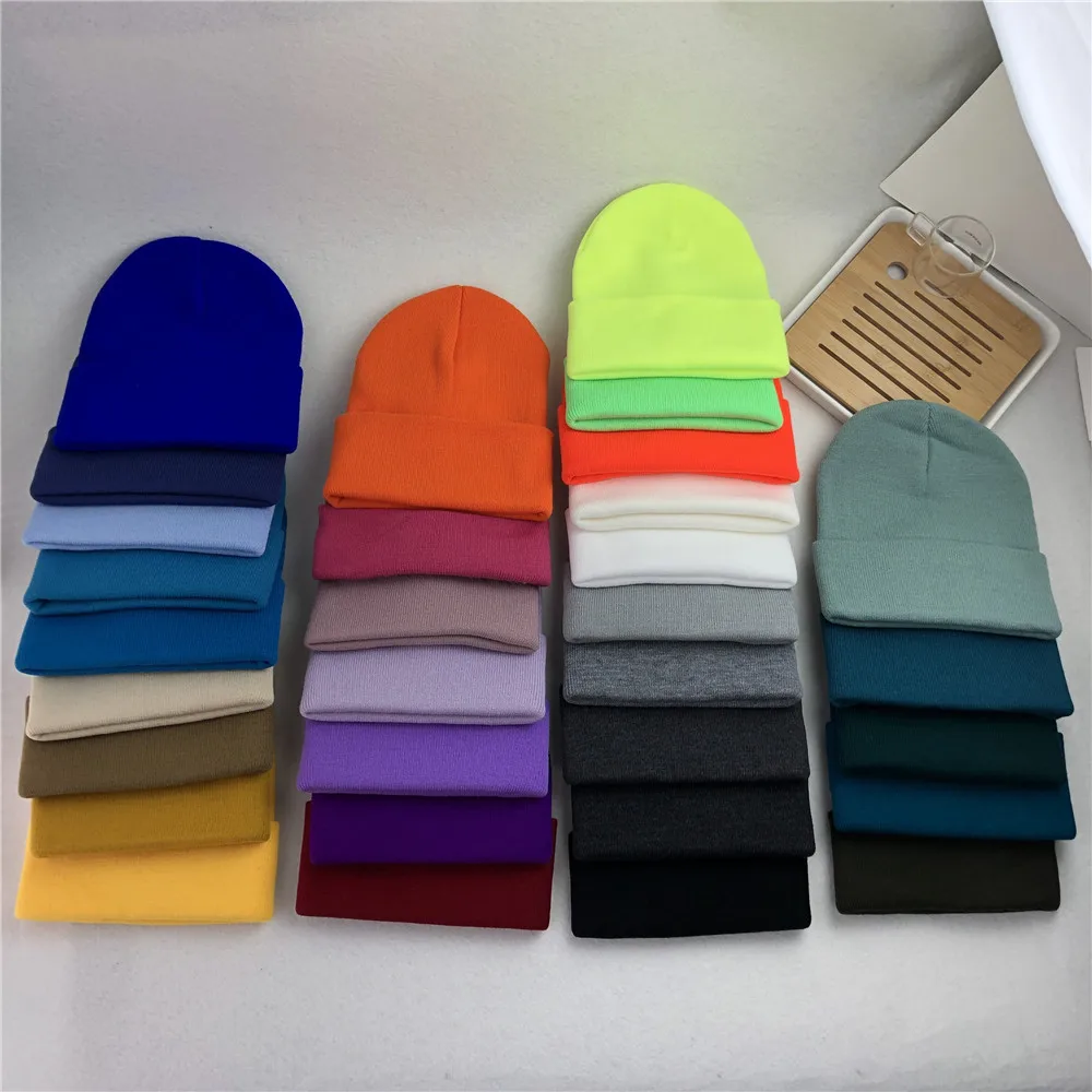 80g Women Men Thick Neon Yellow Solid Plain Knit Custom Embroidery Logo Beanie Running Sports Knitted Wide Brim Winter Hat