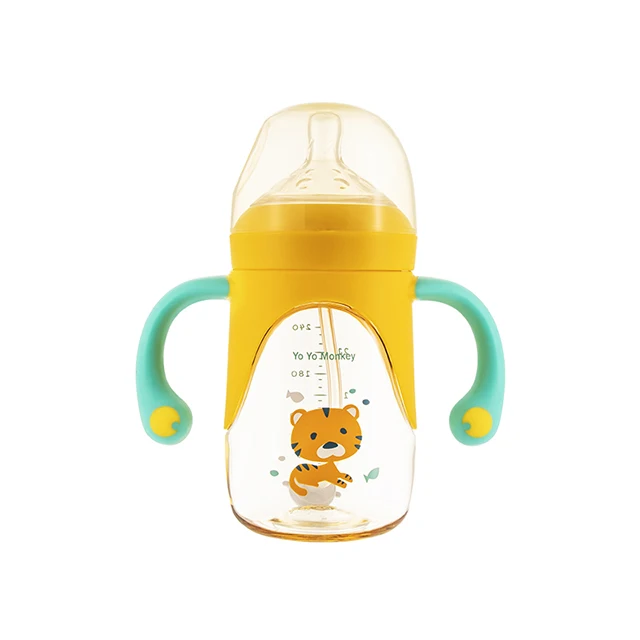 Factory wholesale Bpa free wide mouth PPSU baby milk feeding bottle with dual color handle 240ML/330ML