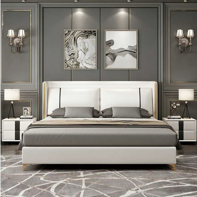 Nordic light luxury luxury furniture bedroom leather art double bed 1.8 meters white bedroom furniture set