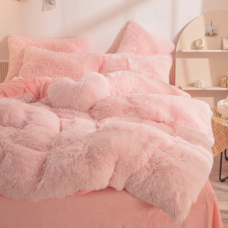 Long Plush Fluffy Faux Fur Shaggy Duvet Cover Flat Sheet Pillowcase Flannel Velvet Furry Microfiber Bed Sheet 4 Pcs Bedding Sets