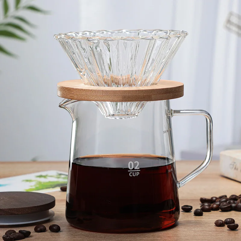 Hot sale 300ml 500ml Microwave Safe & Heat Resistant Glass Coffee Server For Pour Over Coffee pot With Acacia Wood Lid
