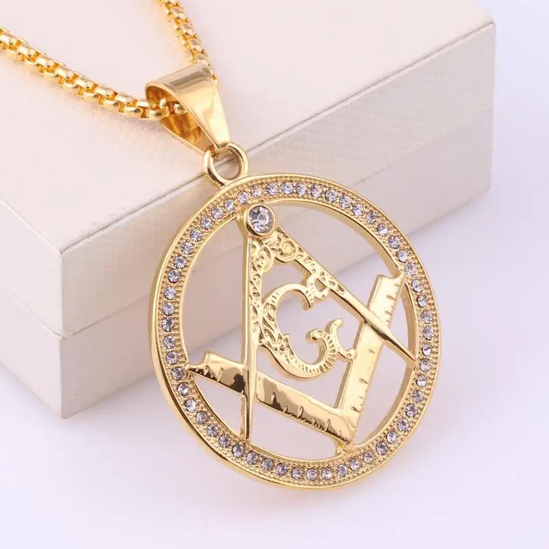 2020 Hip hop jewelry full rhinestones Masonic charm necklace wholesale gold chain necklace for man