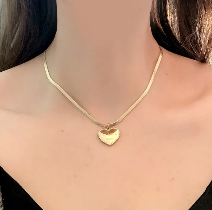 Titanium Steel Classic Love Heart  Necklace For Women Gold Color Polished snake chain Famous Pendant Anniversary Gifts