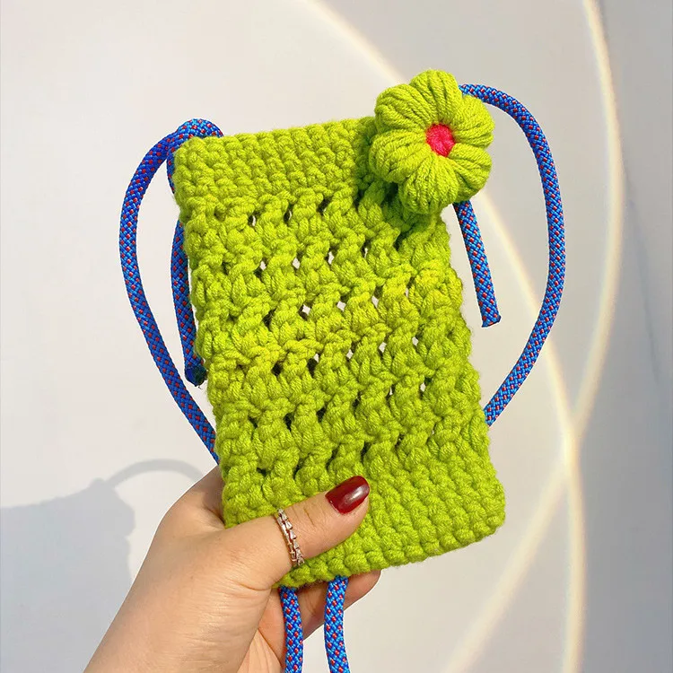 Crocheted small phone purses women little flower shoulder mini bags woven hand bags crochet handbags
