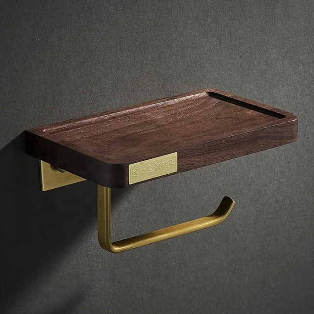 MC005-B1 Wall Mounted Imported Walnut Brushed Gold finishing Wooden toilet Tissue Paper Holder with shelf