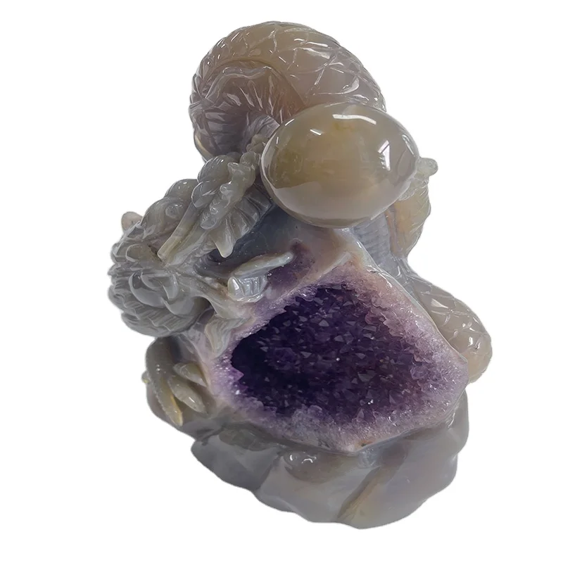 New Design High Quality Natural Amethyst Agate Druzy Crystal Dragon Ball Carving Energy Purple Crystal Geode Dragon , Decoration