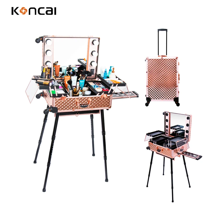 FAMA factory Latest fashion good quality makeup train case makeup station with lights with mirror