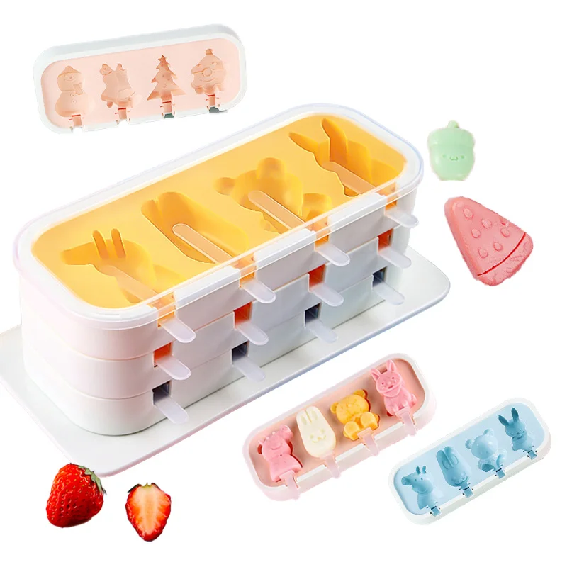 Hot Sale Ice Cream Mold Popsicle Stick Home Homemade DIY Cheese Food Grade Silicone Frozen Sorbet Cartoon Pposicle Mold with Lid