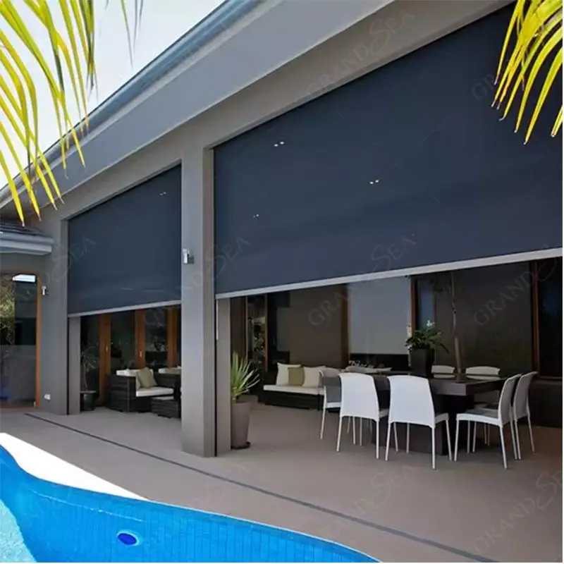 Sunshade blackout automatic motorized zip track blinds pvc garden patio windproof tubular motor zip screen outdoor roller blinds