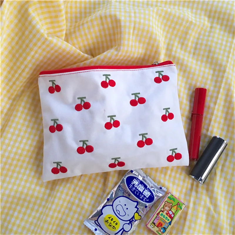 Женская хлопковая холщовая косметическая сумка на молнии с вышивкой фруктов и вишни для девочек