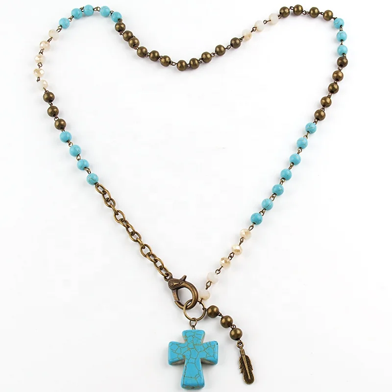 New Ethnic Jewelry 8mm Crystal Glass Bronze Beads Rosary Chain Necklace Alloy Feather Turquoise  Cross Pendant Necklaces