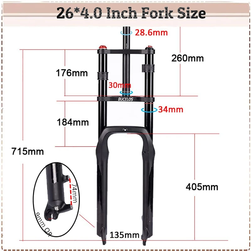 BUCKLOS 26 Inch Bike Air Suspension Fork Double Shoulder Snow Fork MTB 20*4.0 Inch Fat Bike Fork 180mm for E-bike DH Bicycle