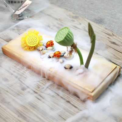 Dry ice smoking tempered glass dish tableware with bamboo bottom wood cookware tableware