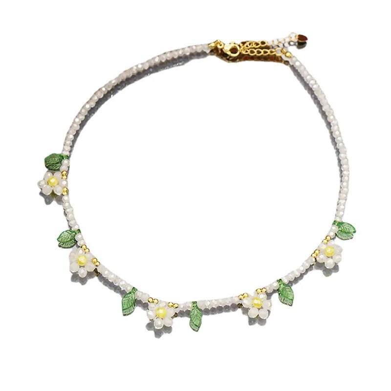 Hot-Selling Instagram New Fresh Flower Simple Beaded Green Leaf Plain Chain Manmade Crystal Necklace Bracelet Two-Piece Set