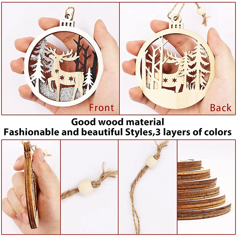 10cm 3 Layer Carving Wooden Hanging Crafts  Gift Tags Hanging Ornaments Set for Christmas Tree Decorations