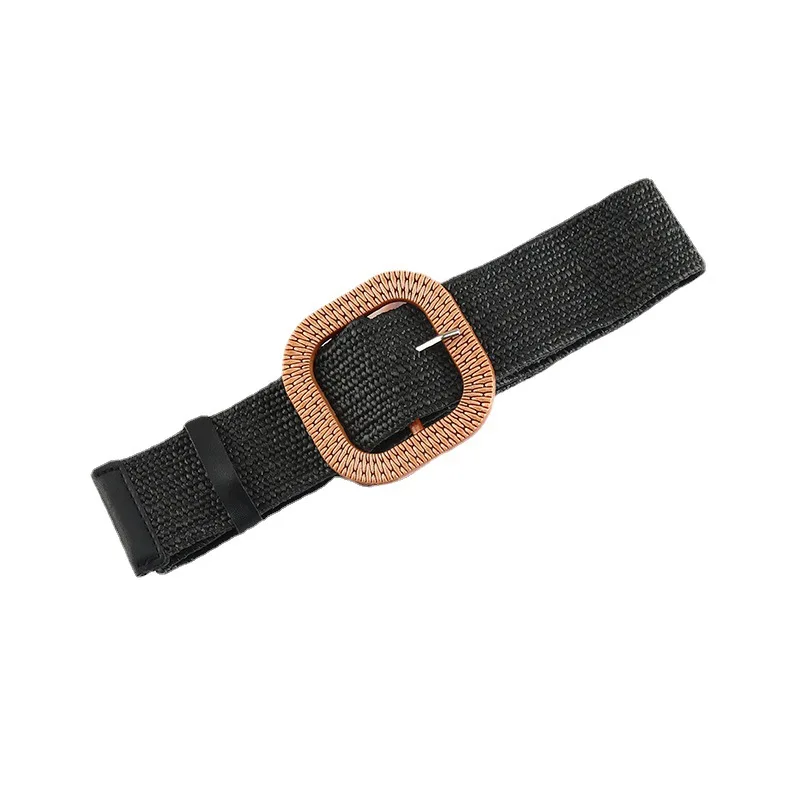 Various Design Women Skinny Dress Stretch Waist Belt PP Straw Woven Elastic Belt With Wooden Round Square Buckle