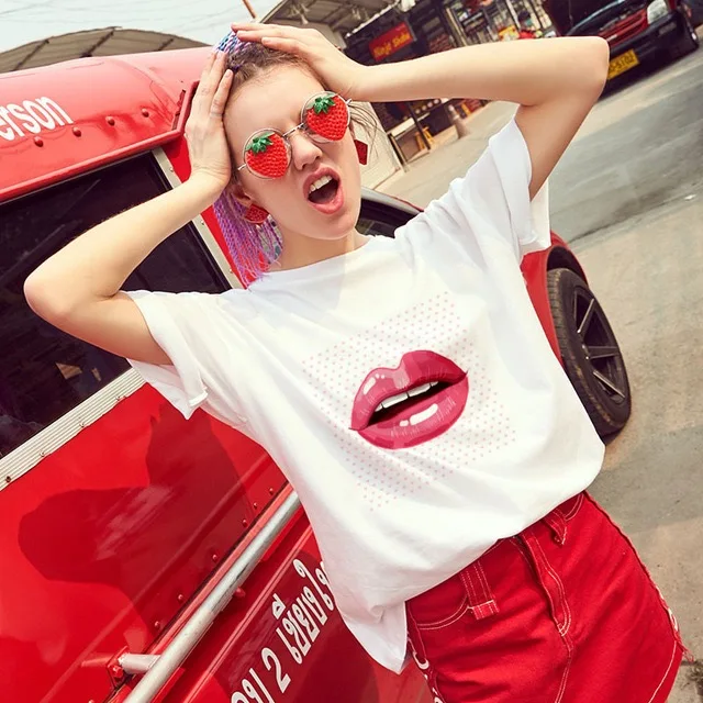 
Women O-Neck Short Sleeve Top Tee Red Lips Printed T Shirts 