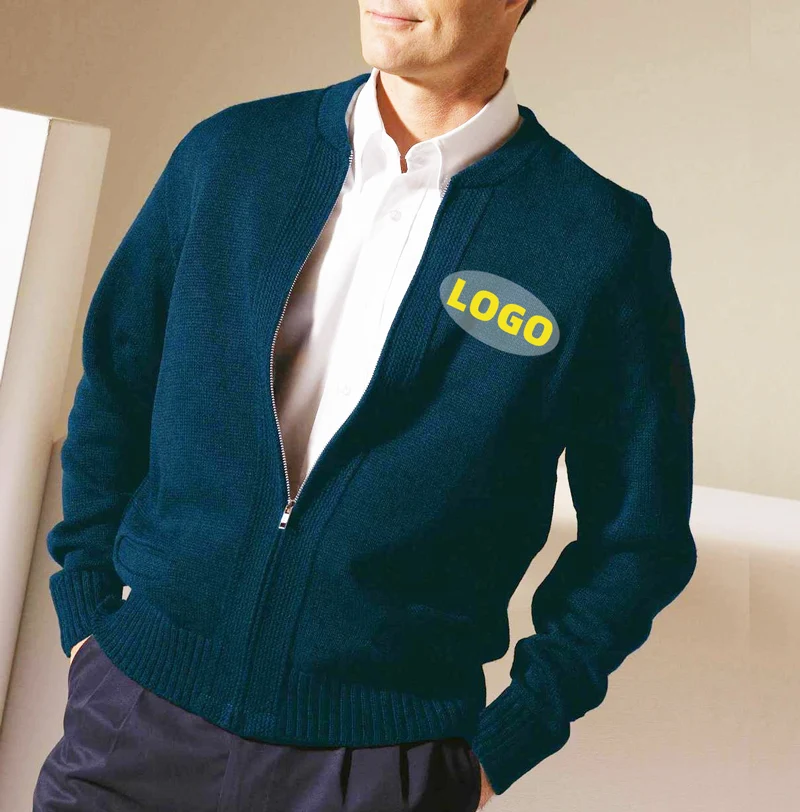 Мужской свитер на молнии, однотонный вязаный деловой кардиган с логотипом заказчика, большие размеры, 2022