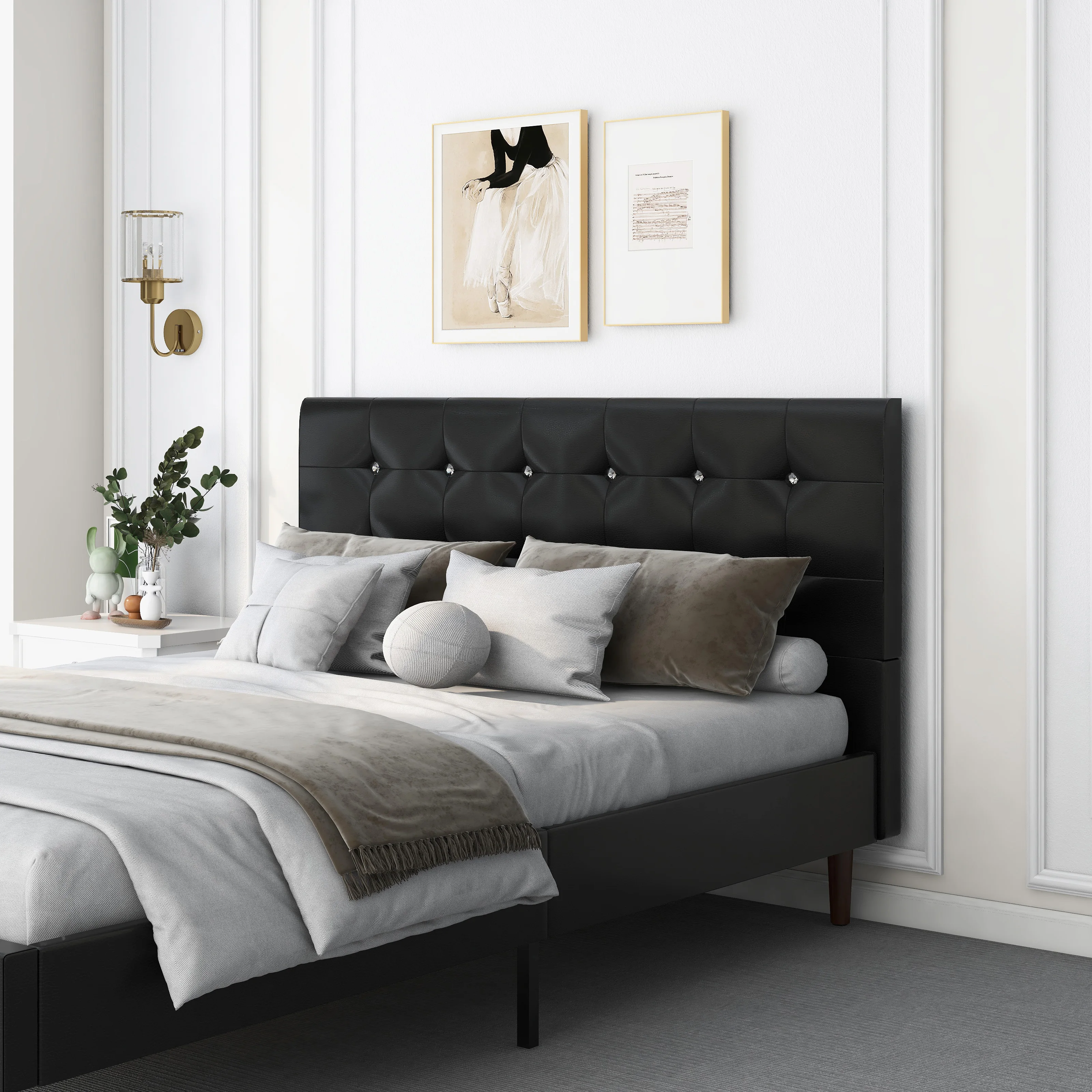 Kainice black queens beds chinese furniture nordic bed frame flocking pu leather glam tufted bed frame king size with diamond