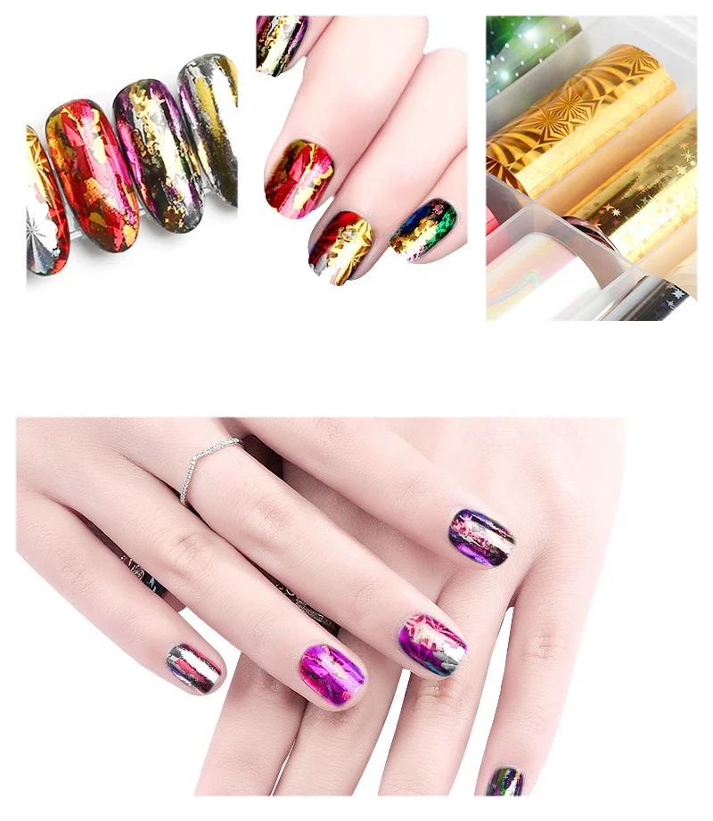 10 дизайнов/набор 4,0*100 см голографический ногтевое искусство, переводные наклейки фольги бумага Звездное AB цвета УФ гель для обертывания