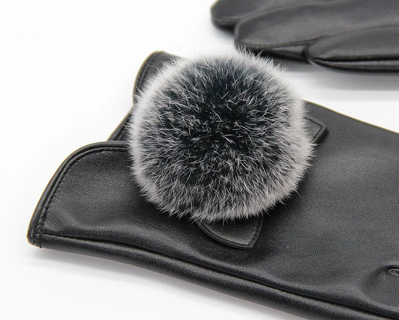 Черные и розовые женские зимние перчатки модные теплые из искусственного кроличьего меха для сенсорного