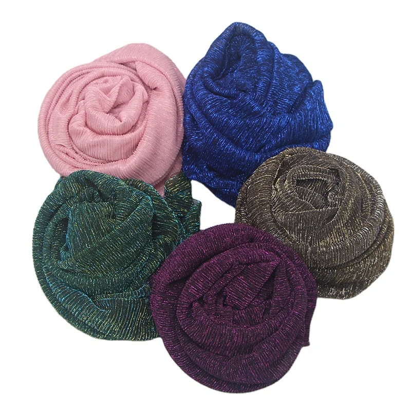 2021 Shiny Pleated Hijab Gold Thread Scarf Women Veil Scarves Muslim Headwear Custom Logo