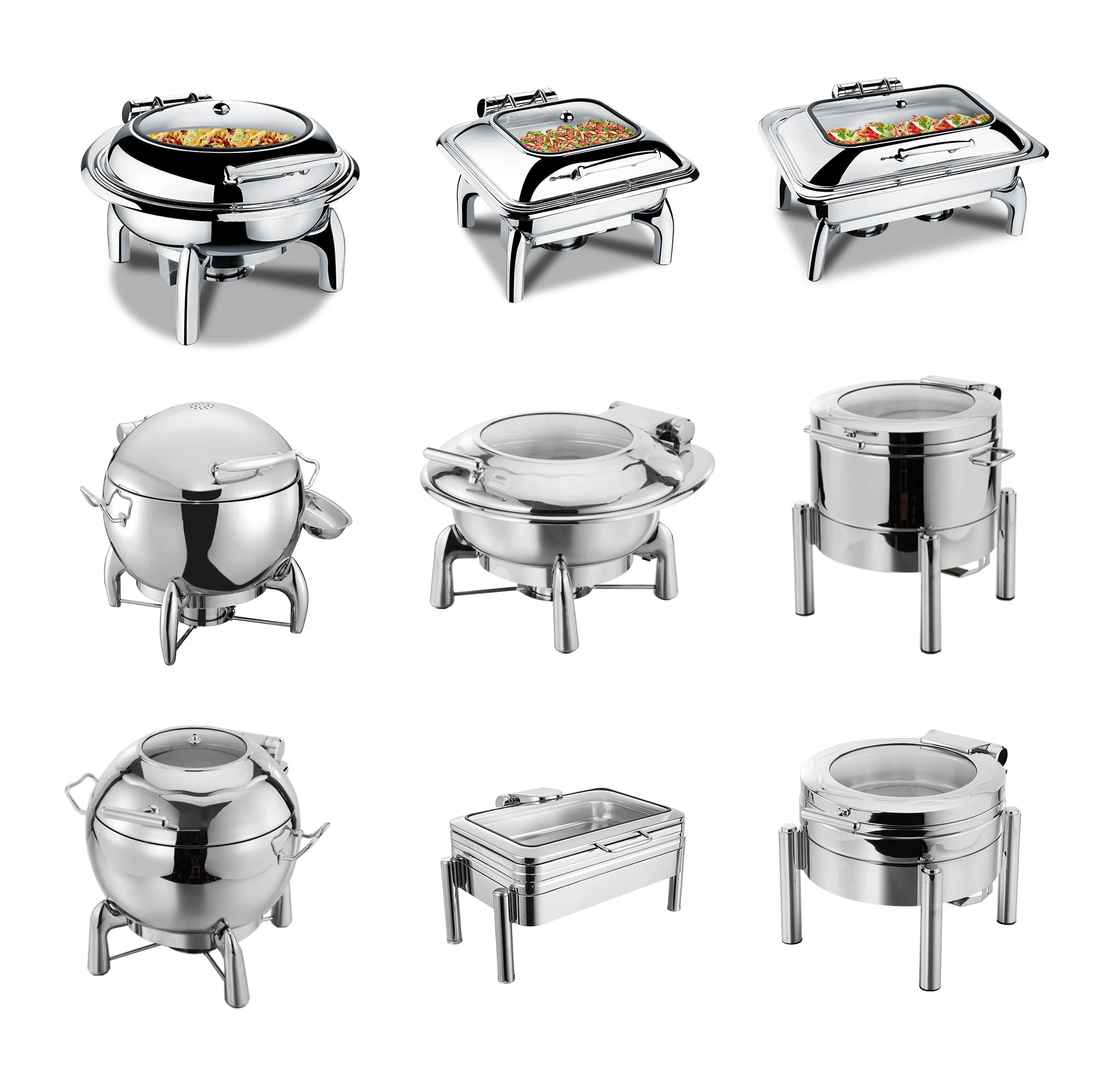 High Quality Stainless Steel Hydraulic Buffet Food Warmer Chafing Dish Glass Lid 11qt 11L Round Soup Chafer