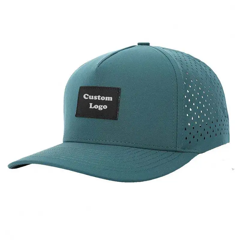 Wholesale Custom 5 Panel Rubber Pvc Logo Rope Baseball Cap Waterproof Laser Cut Hole Perforated Hat Performance Sports Dad Hat
