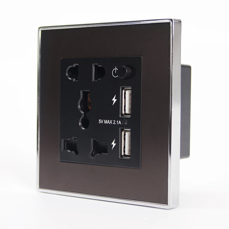 Modular 3-pin Universal + 2-pin Power Supply Smart Hotel Home Use Electrical Wall Socket with Wall-mounted 2 USB Charging Outlet
