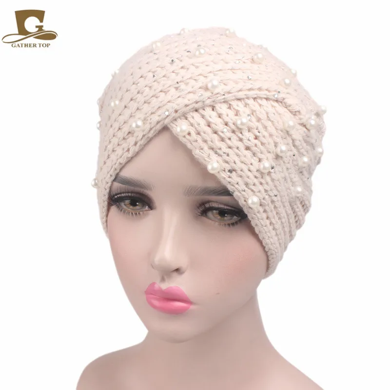 Fashion Women Pearled Beanie knitted Turban Cross Style Bohemian knitted Beanie India Style Knitting  Beanie CapTJM-85A