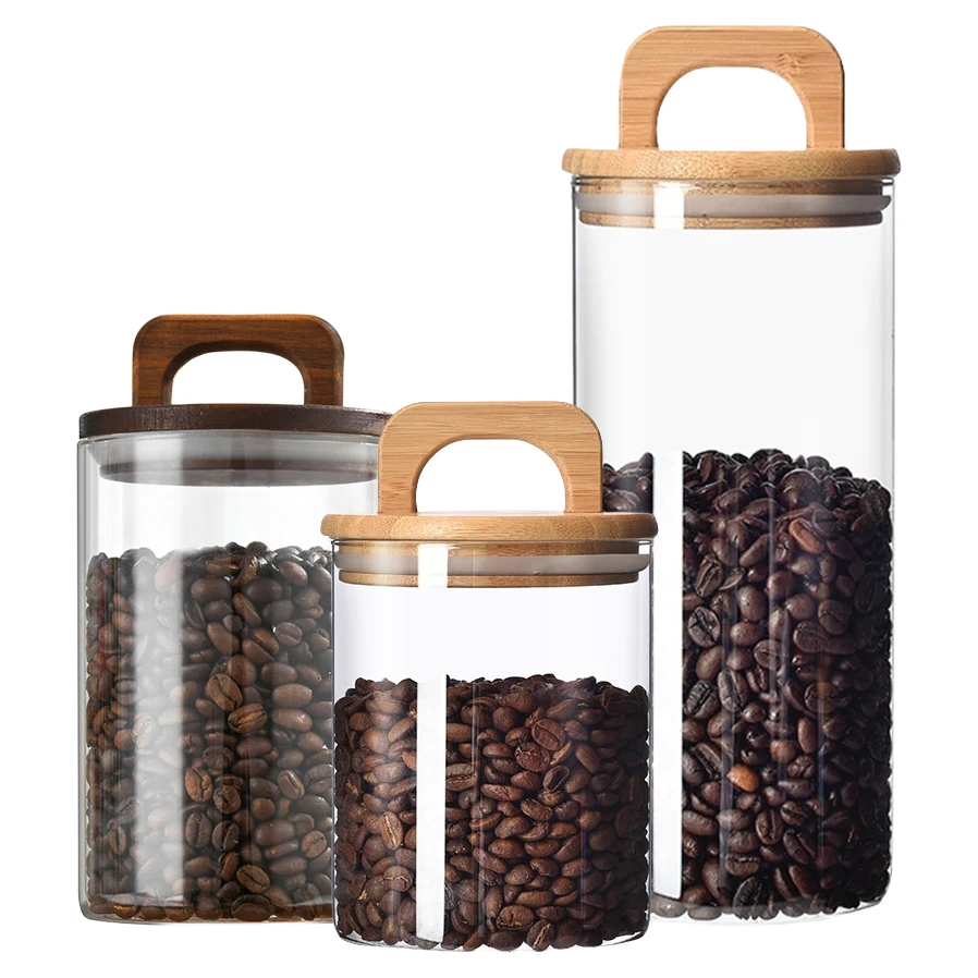 Kitchen Pantry Food Storage Container Canister Airtight Coffee Bean Glass Storage Jars Clear Glass Jar with Bamboo/Wooden Lid