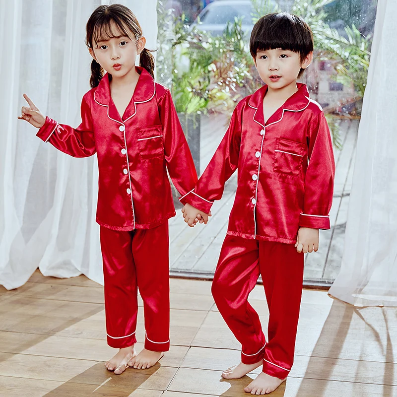 High quality Satin Pajamas Little Girls Boys Classic Silk night Sleepwear Set Clothes Long Sleeve Kid