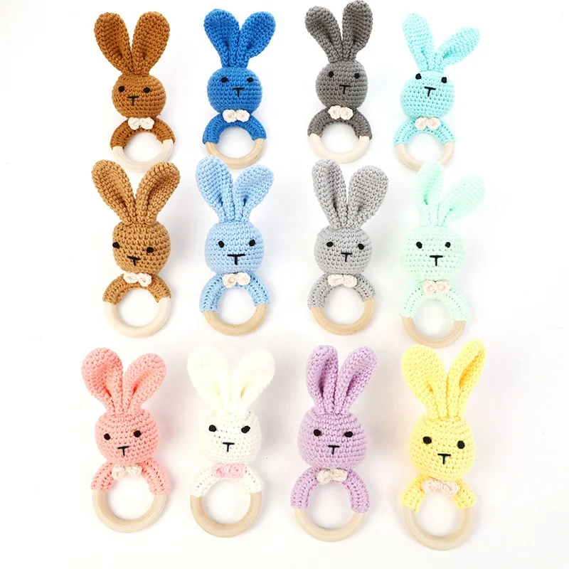 New Custom Cute Animal Wooden Handmade Crochet Bunny Baby Teether Rattle