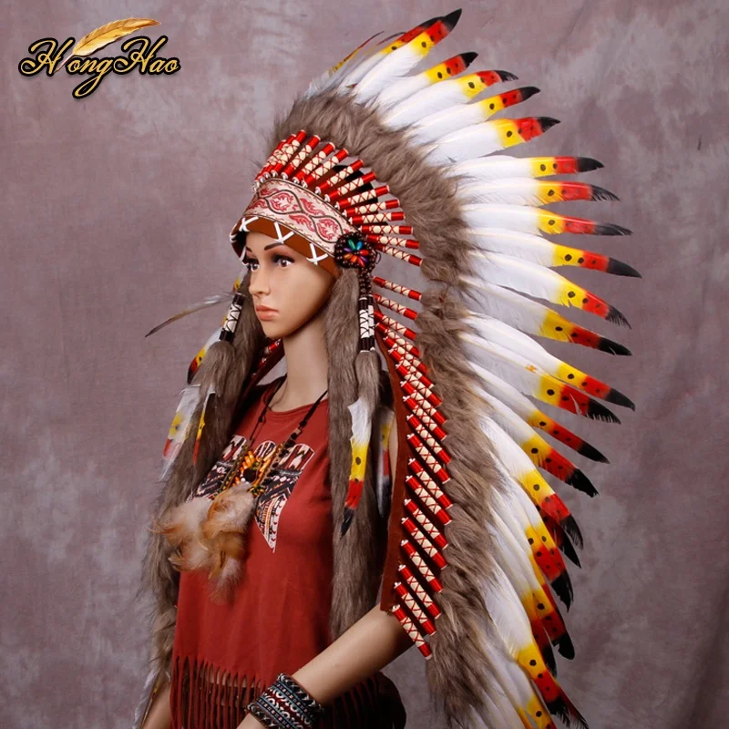 Handmade Customized Long Indian Feather Headdress Red Black Colorful War Bonnet Hat Costumes Dye-Patterned Custom Feather Outfit
