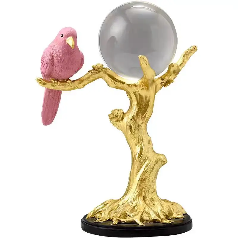 Nordic Style Light Luxury Resin Bird Golden Tree Creative Crystal Ball Home Decoration for Living Room Office Table Craft Use