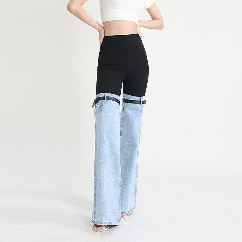 European American street trendy jeans 2024 new style elastic waist design personalized splicing straight wide leg casual pants