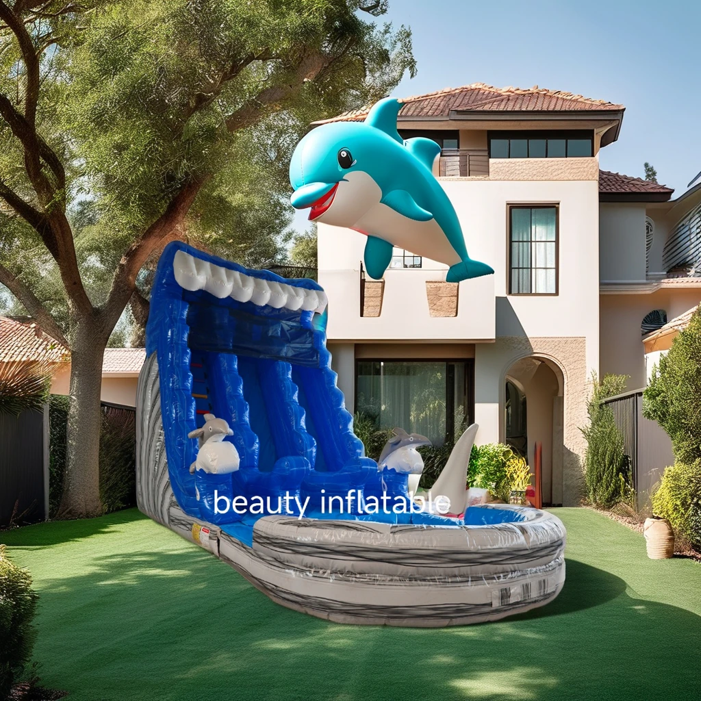 New Design Double Lane Dolphin Inflatable Water Slide for Sale in Outdoor Entertainment