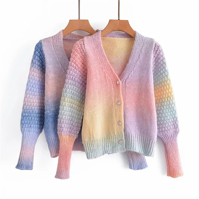 Winter Girls Sweater Knit Tops Fashion gradual color changed Pattern Latest Custom Cardigan Sweater