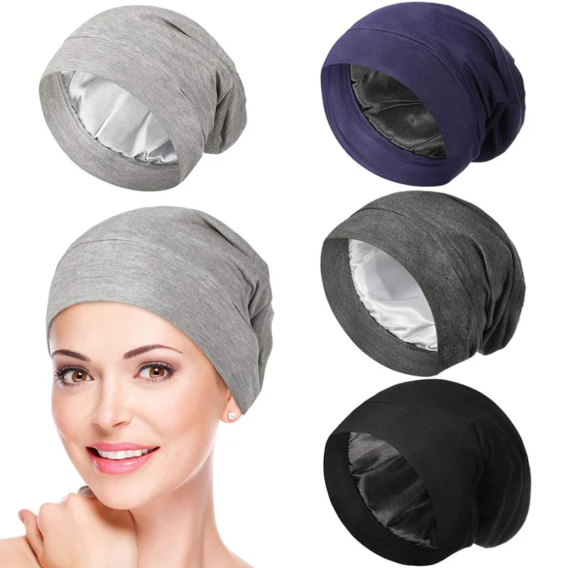 Custom Logo Sleep Cap Stay On Slouchy Women Silk Satin Inside Lined Hat Beanie With Satin Lining Inside