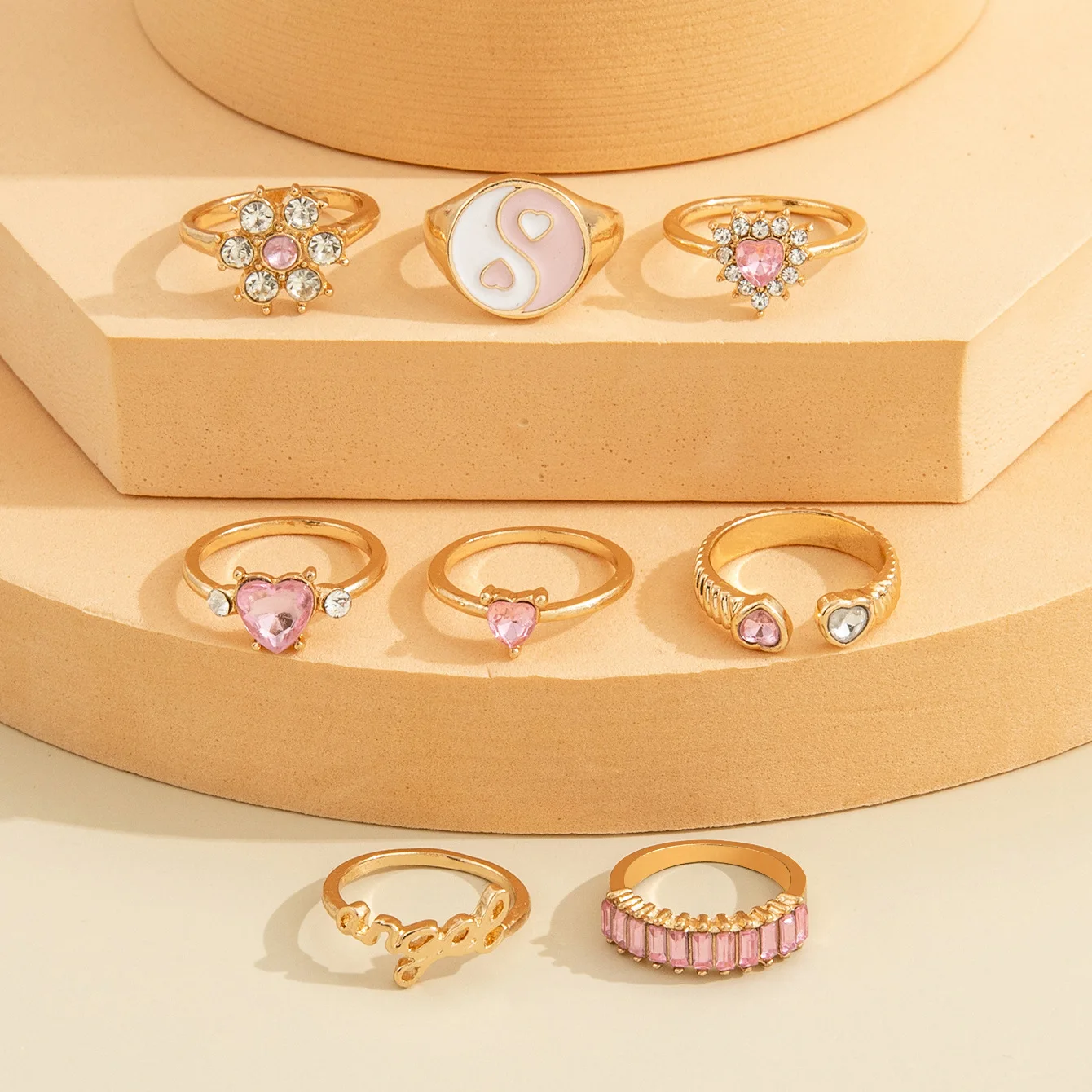 Luxury Rhinestone Pink Heart Rings 8pcs/set Yin Yang Rings Fashion Knuckle Rings Set