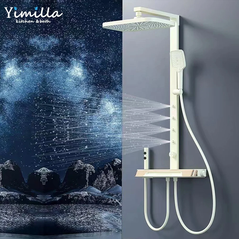 Tiktok Trend Gun Matel White Color Smart Led Back Waist Massage Shower System Exposed Wall Mounted Bathroom bath Shower Set