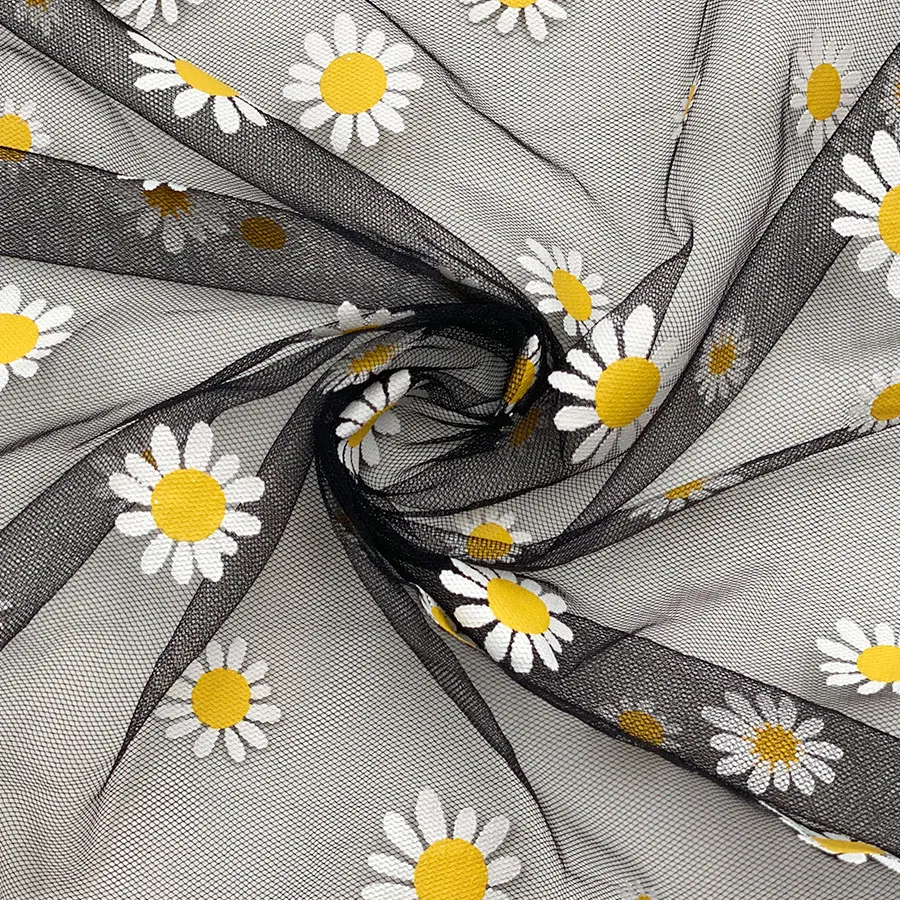 Wholesale price women party poly dress black princess skirt beautiful coated printed daisy net tulle mesh fabric