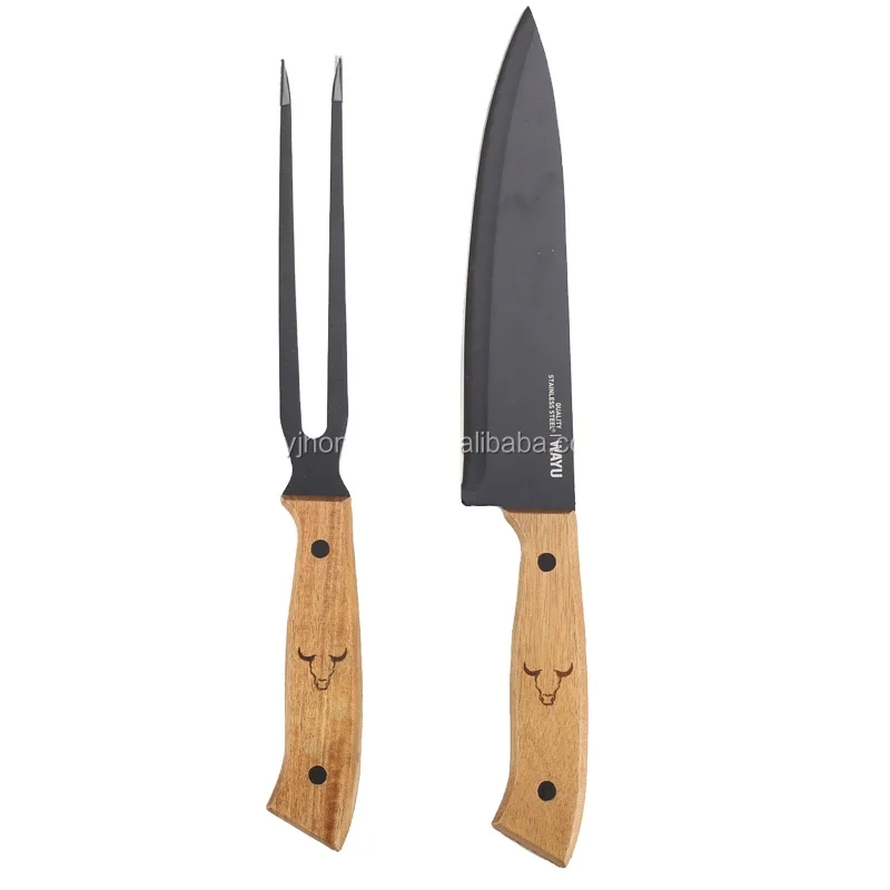 2 pieces Stainless steel wooden handle kitchen cooking knife chef knife & fork set in gift box