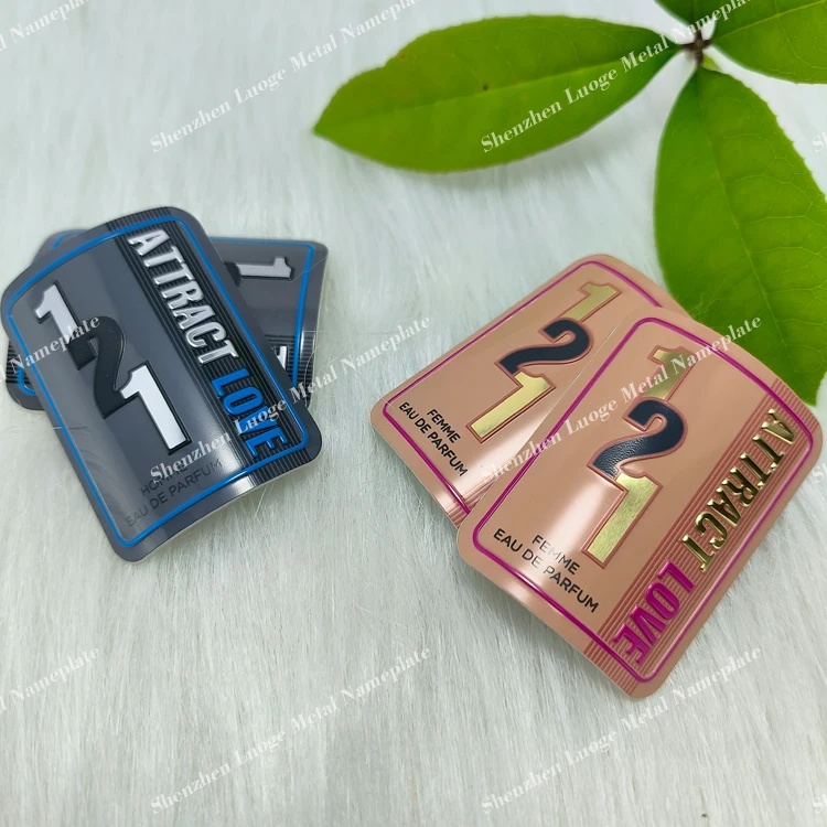 custom luxury embossed aluminium logo sticker for cosmetic bottle printing perfume label metallic logo