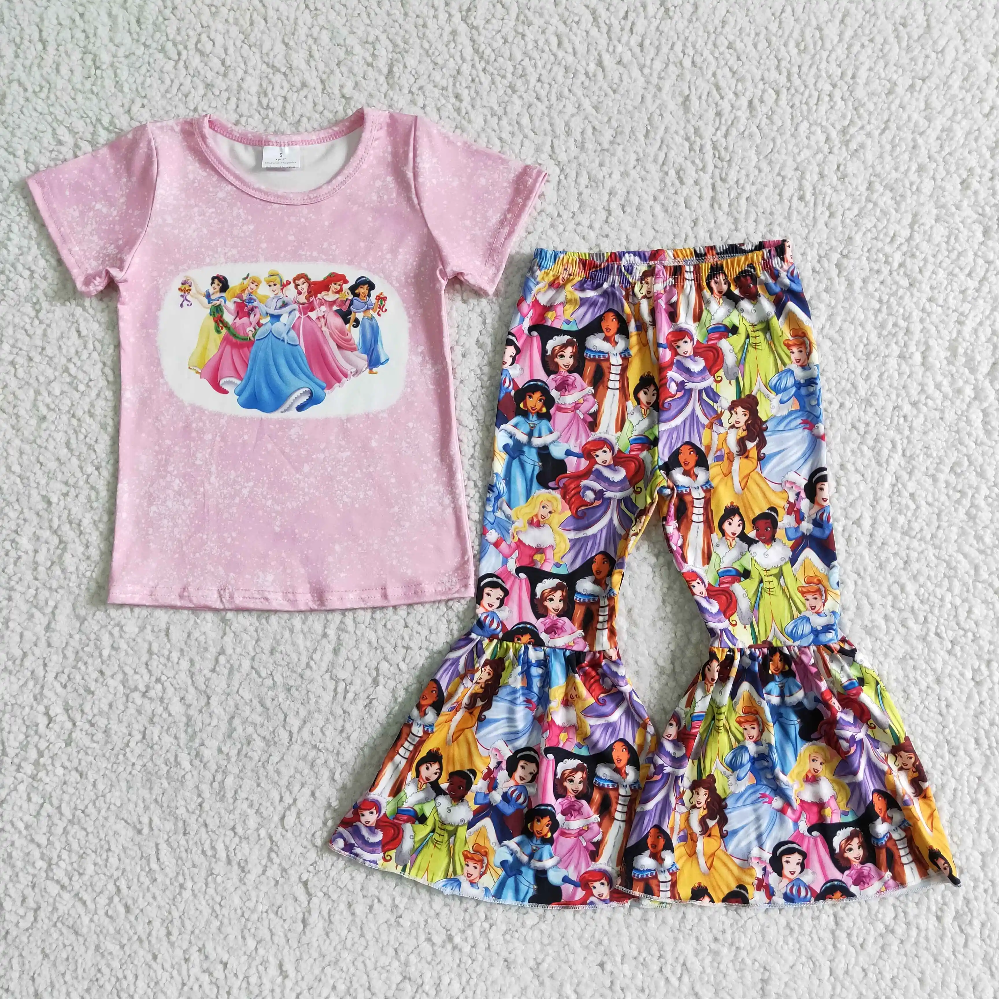 Cartoon Princess Series Pink Bell Bottoms Flares Short Sleeve Top Outfits for Kids