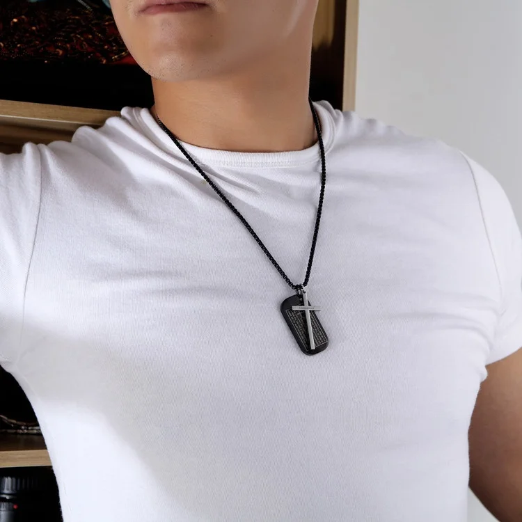 Mens Religious jewelry 316L Stainless Steel Rolo Chain Dog Tags Prayer Cross pendant Necklace For Men