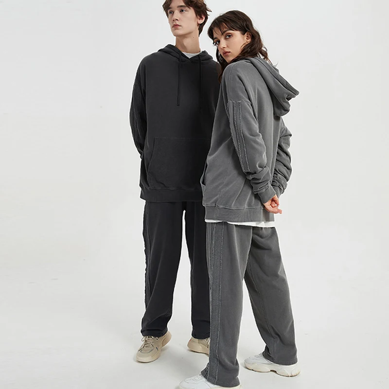 Mens High Street Fashion Brand Loose Stitching Distressed Wide-leg Trousers Washed Casual Heavyweight  Straight Leg Sweatpants